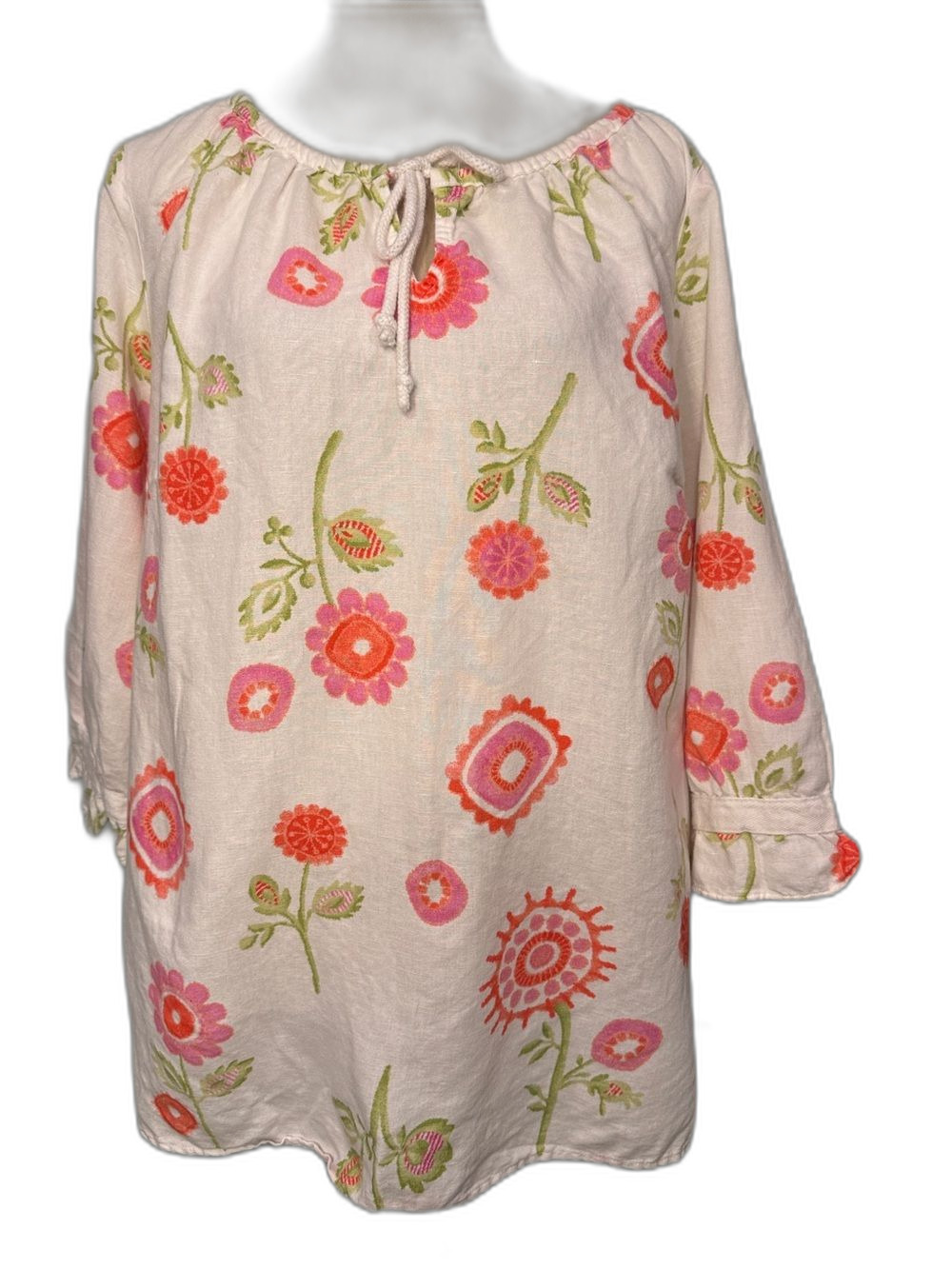 Orchadia White Floral linen Peasant Blouse Size XL